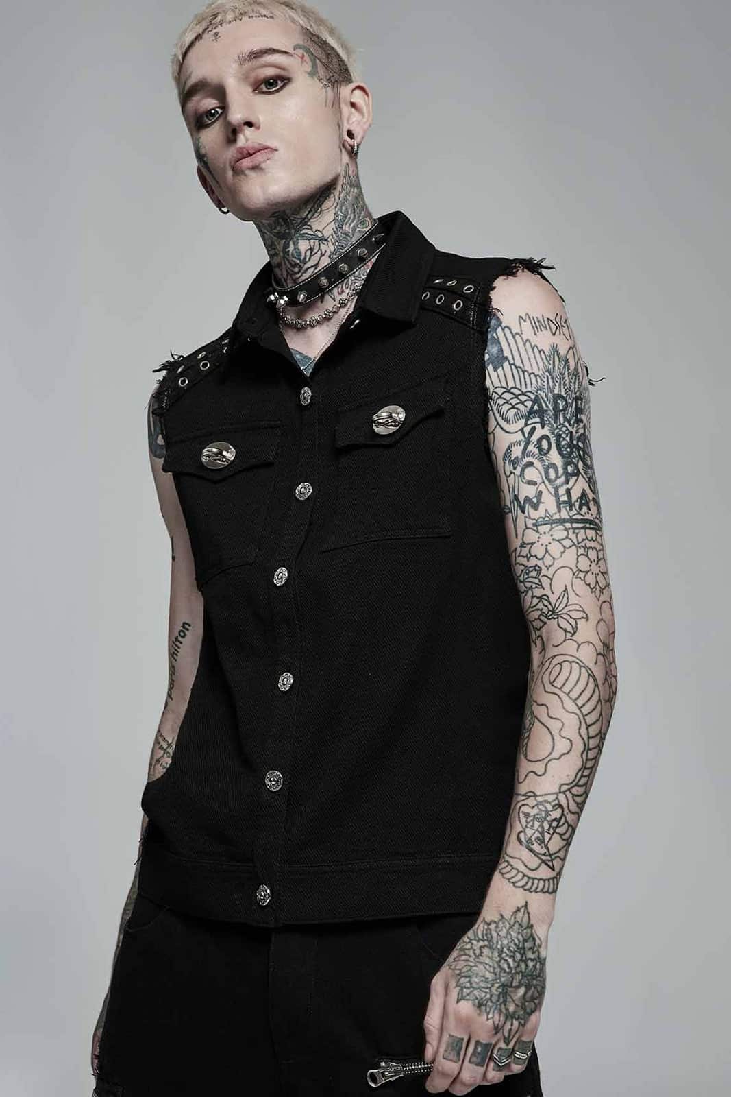 Punk Rave mens Cotton Leather Sleeveless Shirt Front Strap Vest